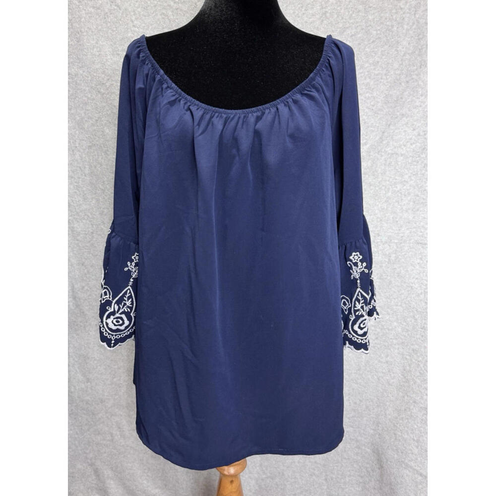 Soho Women's Navy Embroidered 3/4 Bell Sleeve Nautical Coastal Boho Blouse Large